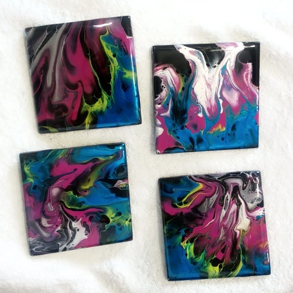 Hand Crafted Painted Tile Coasters Metallic Acrylic Fluid Art Painting Home - Picture 2 of 11